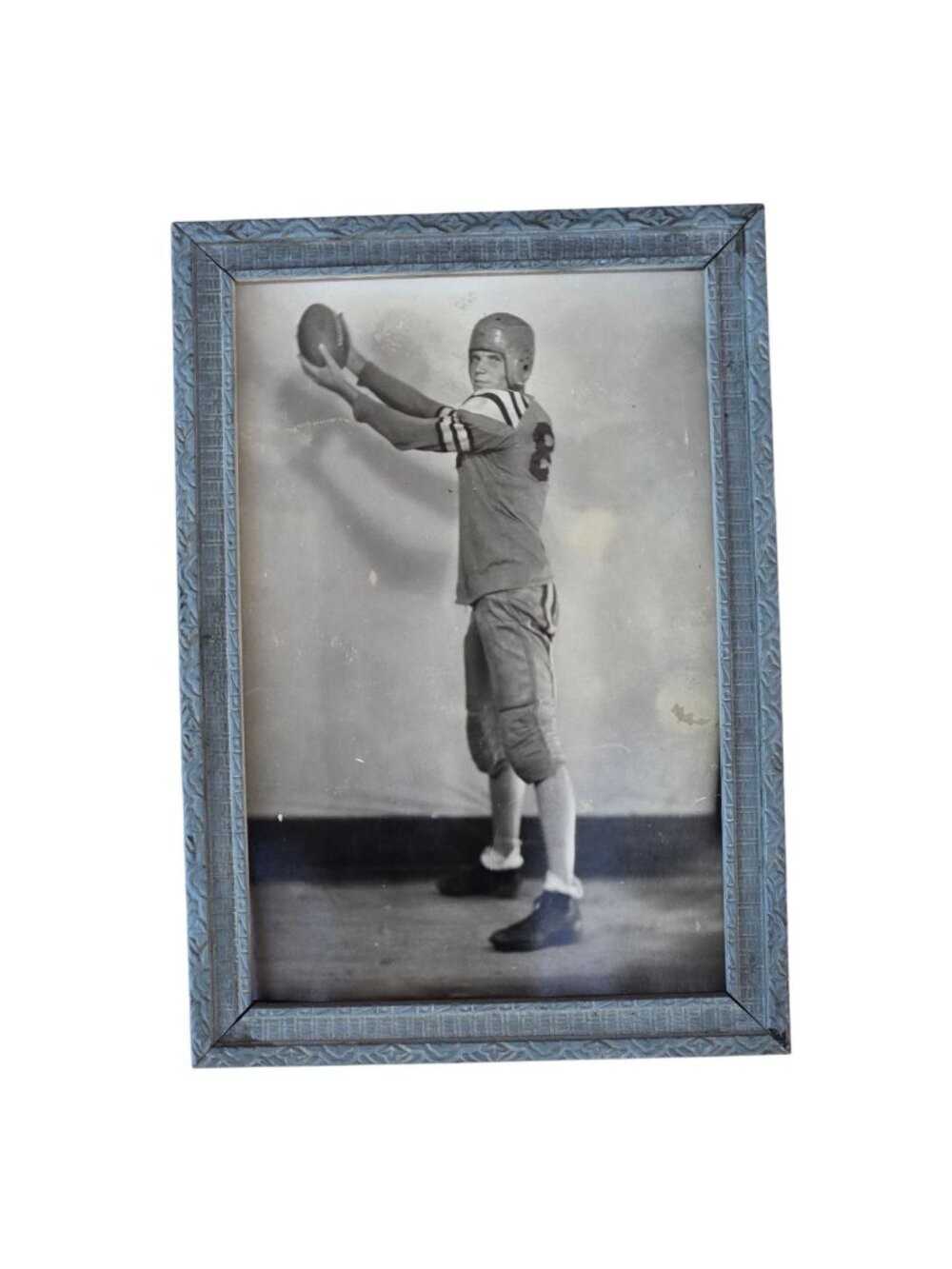 Vintage Football Player Photo Blue Frame Athlete Photograph Sports Memorabilia